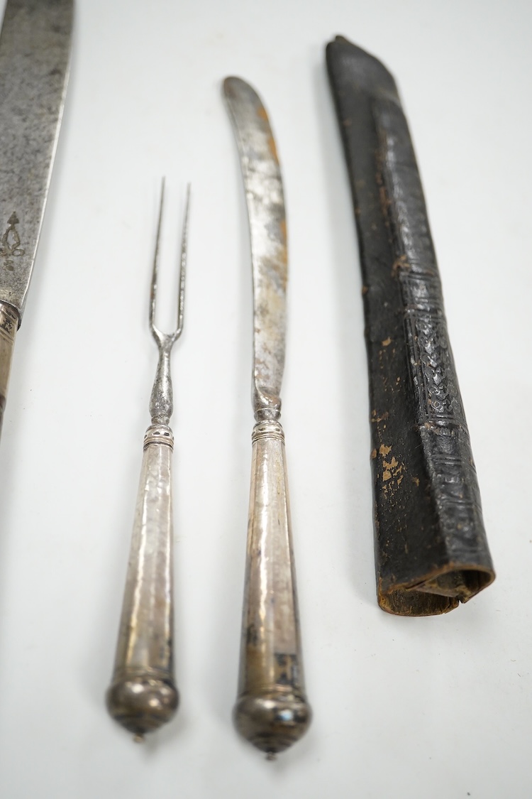 Three 17th / 18th century steel bladed knives, one in a leather sheath with matching fork. Longest 24cm.
